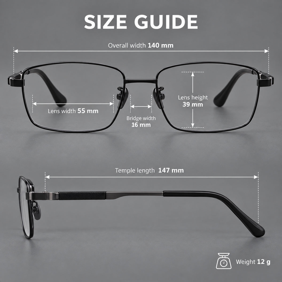 Slim rectangular titanium glasses with broad temples and contrasting dark inserts, size guide in millimetres