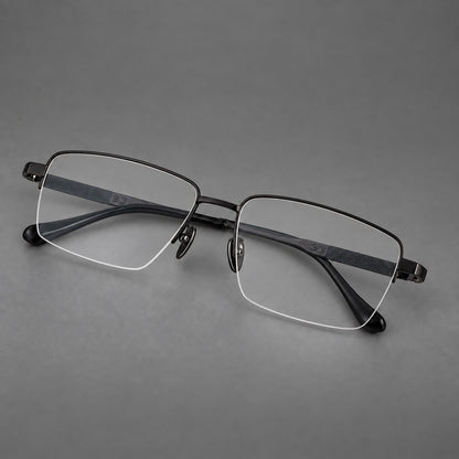 Wide half frame titanium glasses with rectangular lenses and textured temples in Black, three quarter view