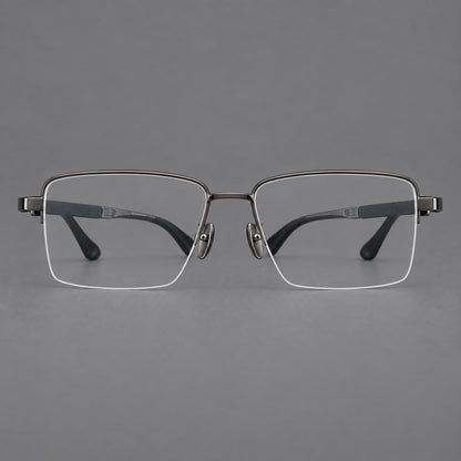 Wide half frame titanium glasses with rectangular lenses and textured temples in Gunmetal, front view frame detail