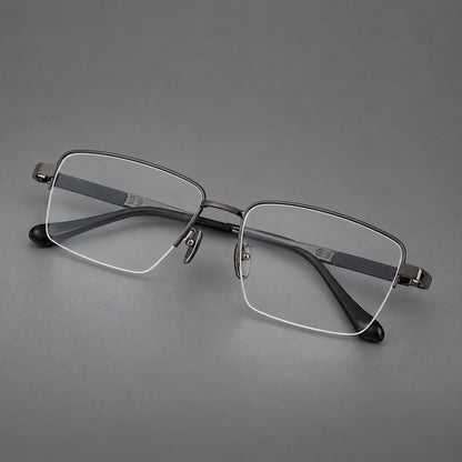 Wide half frame titanium glasses with rectangular lenses and textured temples in Gunmetal, three quarter view front view