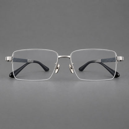 Wide half frame titanium glasses with rectangular lenses and textured temples in Silver, front view additional product view