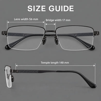Wide half frame titanium glasses with rectangular lenses and textured temples, size guide in millimetres additional product view