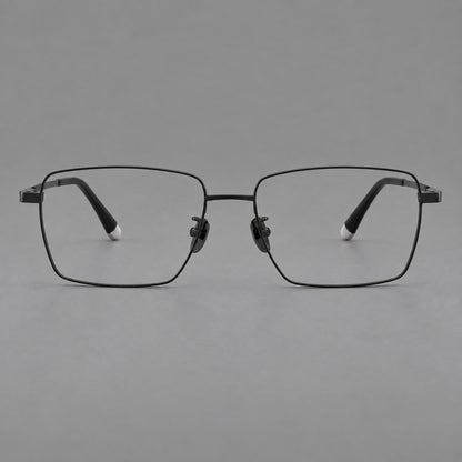 Clean rectangular titanium glasses with inset temple details and pale end accents in Black, front view side view