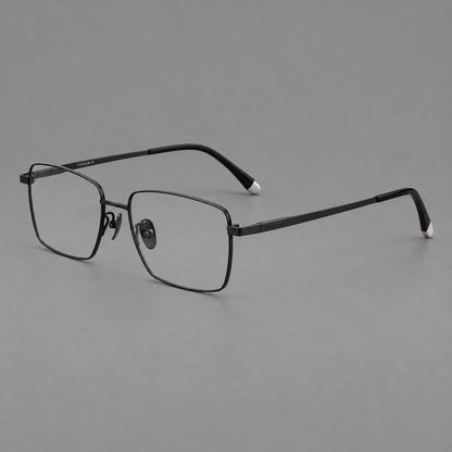 Clean rectangular titanium glasses with inset temple details and pale end accents in Black, three quarter view