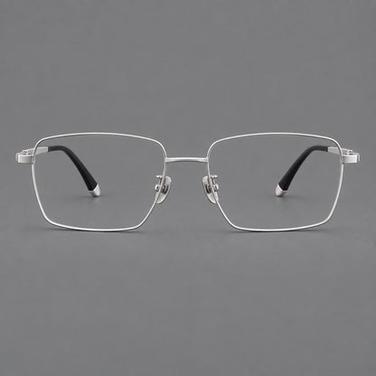 Clean rectangular titanium glasses with inset temple details and pale end accents in Silver, front view temple detail