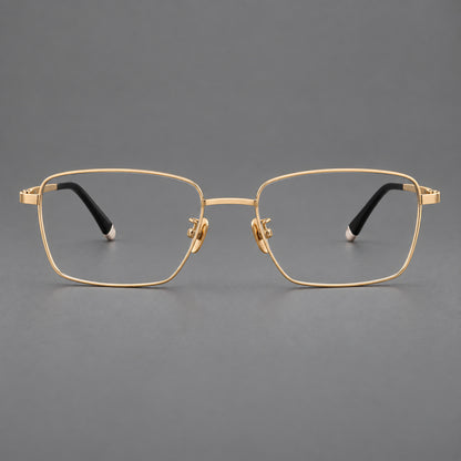 Clean rectangular titanium glasses with inset temple details and pale end accents in Gold, front view additional product view
