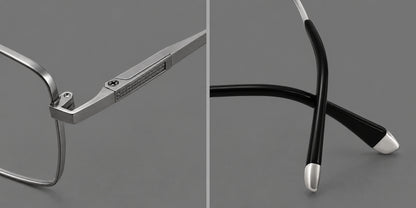 Clean rectangular titanium glasses with inset temple details and pale end accents, frame details additional product view