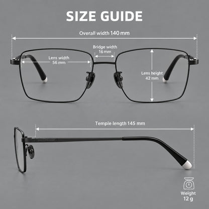 Clean rectangular titanium glasses with inset temple details and pale end accents, size guide in millimetres additional product view
