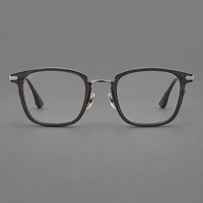 Bold square titanium glasses with a separate bridge and long metal corner accents in Gunmetal, front view side view