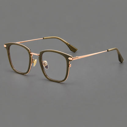 Bold square titanium glasses with a separate bridge and long metal corner accents in Olive Green and Rose Gold, three quarter view additional product view