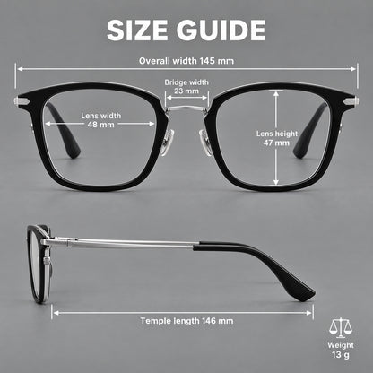 Bold square titanium glasses with a separate bridge and long metal corner accents, size guide in millimetres additional product view