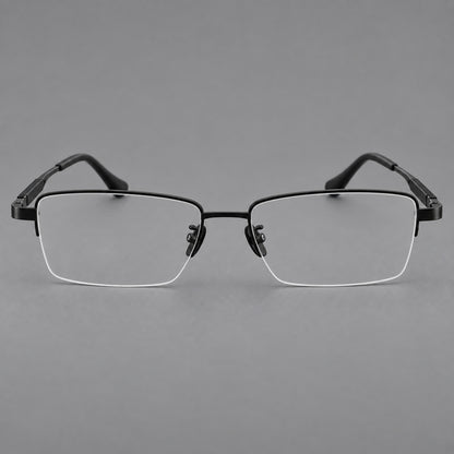 Modern half frame titanium glasses with a narrow bridge and dark temple sections in Black, front view side view