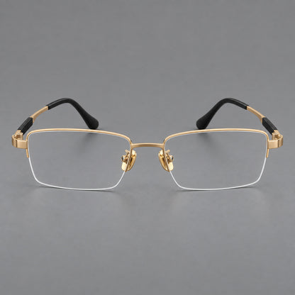 Modern half frame titanium glasses with a narrow bridge and dark temple sections in Gold, front view temple detail