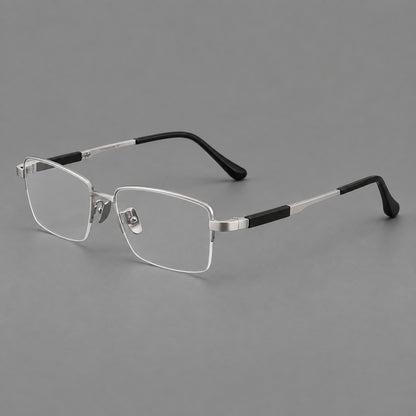 Modern half frame titanium glasses with a narrow bridge and dark temple sections in Silver, three quarter view additional product view