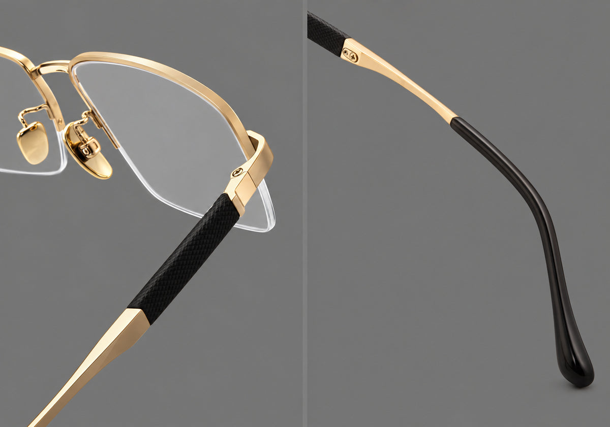 Modern half frame titanium glasses with a narrow bridge and dark temple sections, frame details