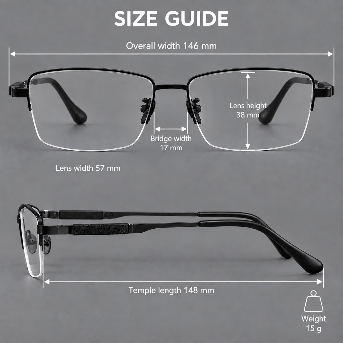 Modern half frame titanium glasses with a narrow bridge and dark temple sections, size guide in millimetres