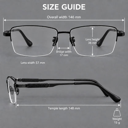 Modern half frame titanium glasses with a narrow bridge and dark temple sections, size guide in millimetres additional product view