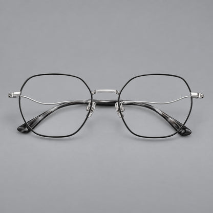 Geometric titanium glasses with engraved rim edges and curved temple joins in Black and Silver, front view frame detail