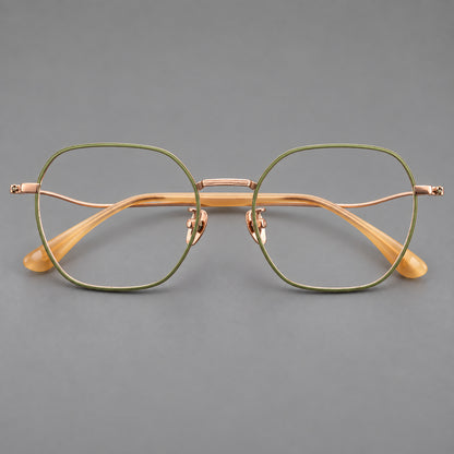 Geometric titanium glasses with engraved rim edges and curved temple joins in Green and Rose Gold, front view temple detail
