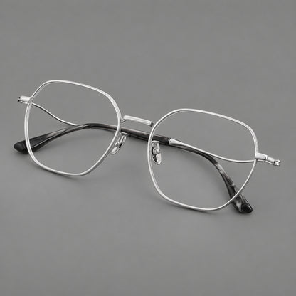 Geometric titanium glasses with engraved rim edges and curved temple joins in Silver, three quarter view additional product view