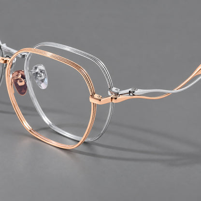 Geometric titanium glasses with engraved rim edges and curved temple joins, frame details additional product view