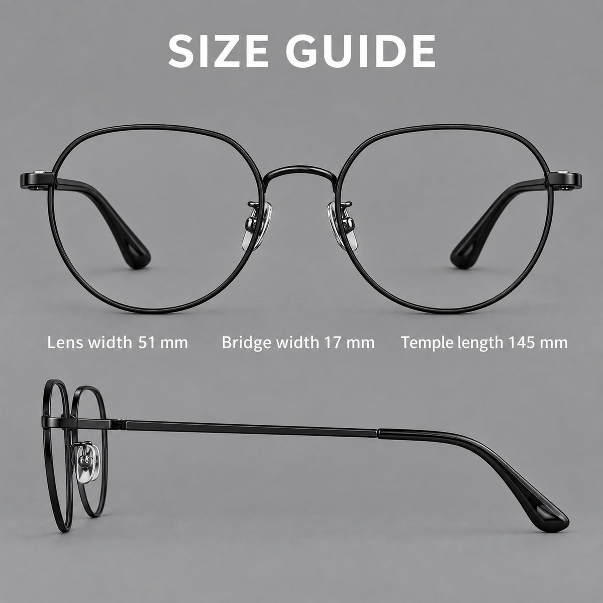 Classic panto titanium glasses with a curved bridge and slim straight temples, size guide in millimetres