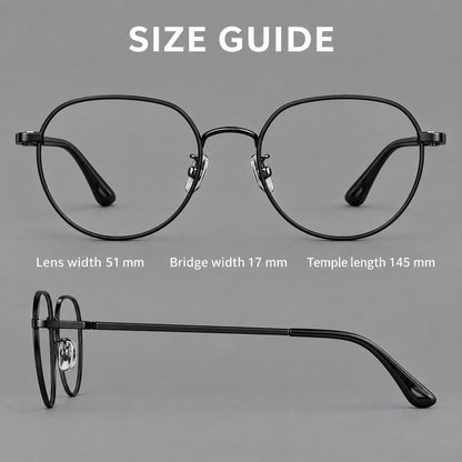 Classic panto titanium glasses with a curved bridge and slim straight temples, size guide in millimetres additional product view