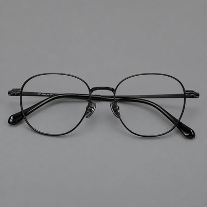 Retro panto titanium glasses with stepped corners and finely engraved temples in Black, front view side view