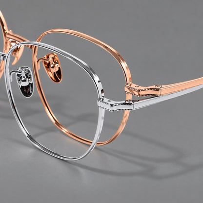 Retro panto titanium glasses with stepped corners and finely engraved temples, frame details additional product view