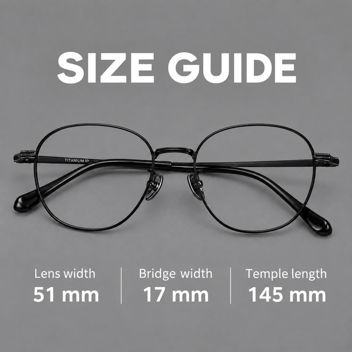 Retro panto titanium glasses with stepped corners and finely engraved temples, size guide in millimetres
