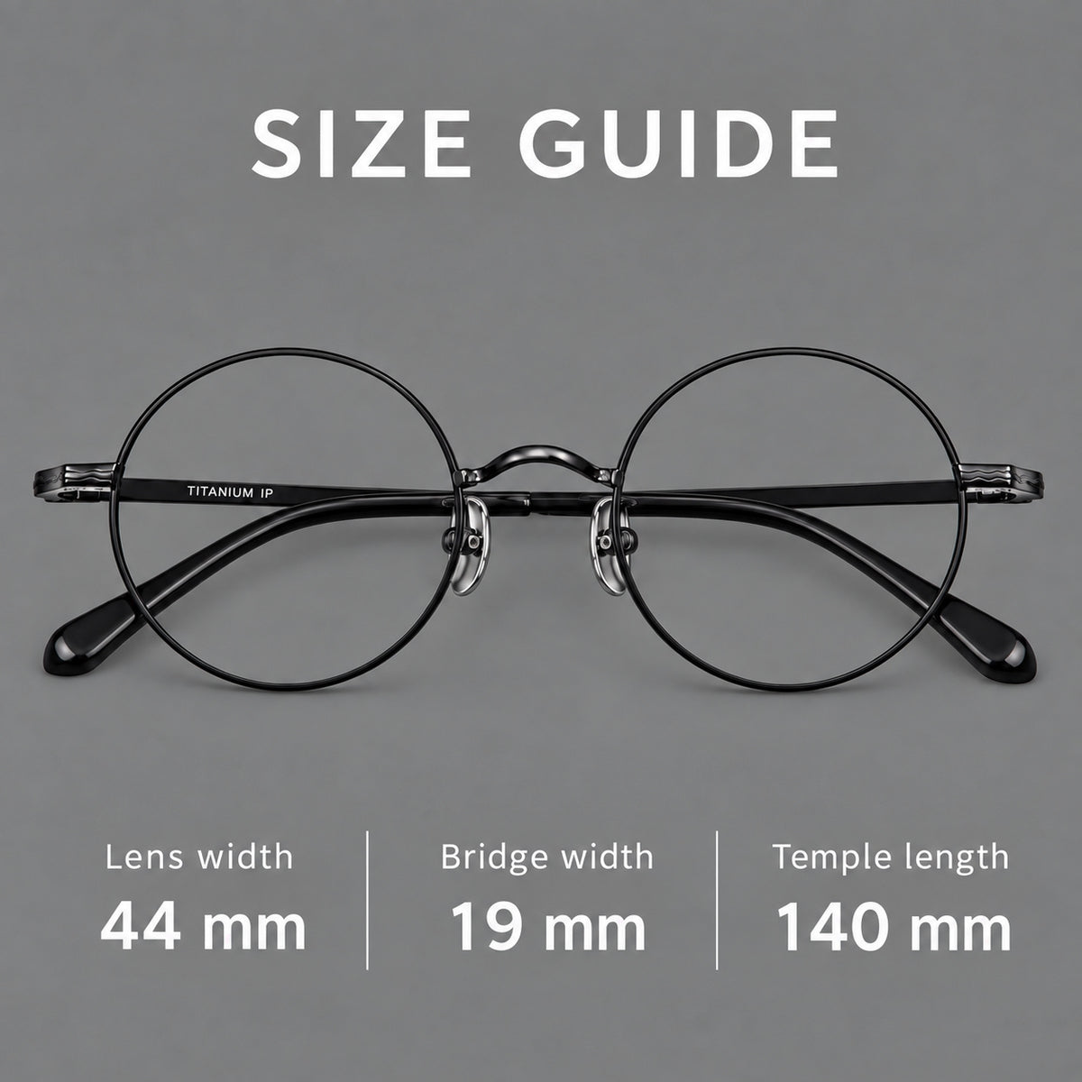 Compact circular titanium glasses with a curved bridge and wavy engraved temples, size guide in millimetres