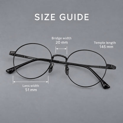 Classic circular titanium glasses with a raised bridge and lined temple accents, size guide in millimetres additional product view