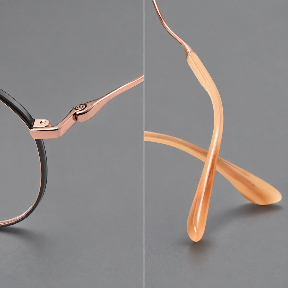 Rounded titanium glasses with a short bridge and distinctive wavy metal temples, frame details