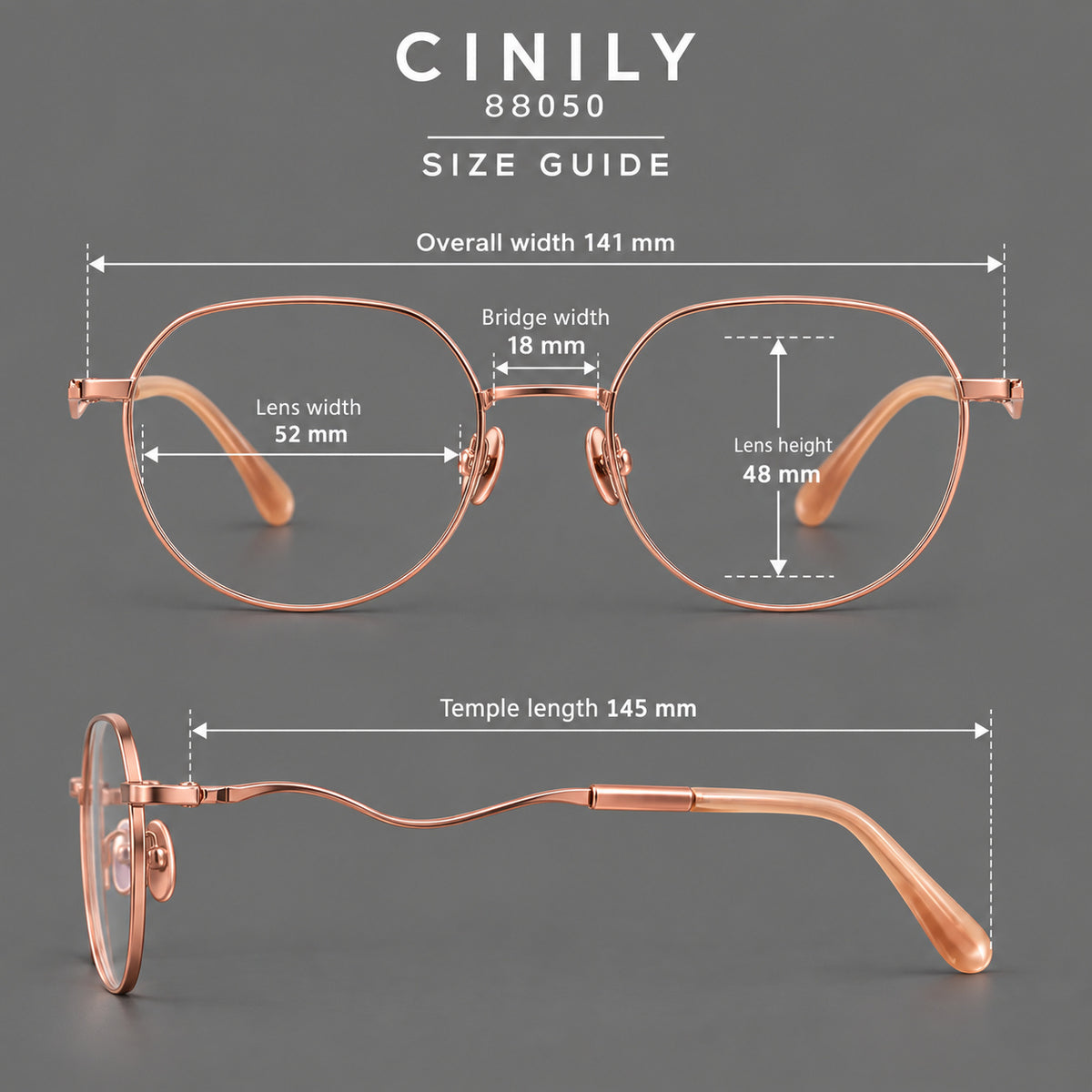 Rounded titanium glasses with a short bridge and distinctive wavy metal temples, size guide in millimetres