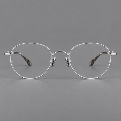 Retro panto titanium glasses with faceted corners and mottled curved temple tips in Silver, front view additional product view
