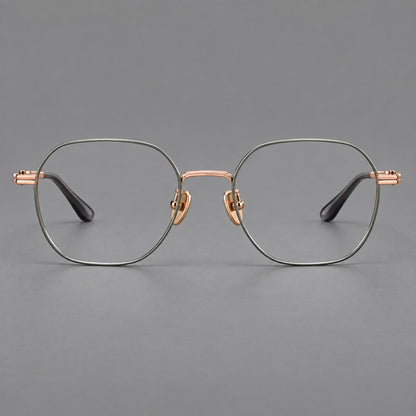 Soft square titanium glasses with an angular bridge and layered corner details in Green and Rose Gold, front view frame detail