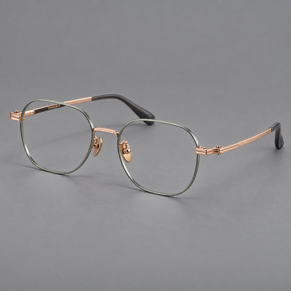 Soft square titanium glasses with an angular bridge and layered corner details in Green and Rose Gold, three quarter view front view