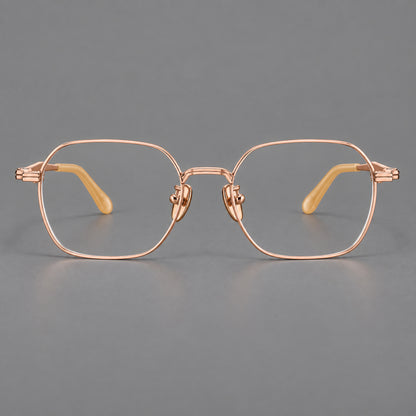Soft square titanium glasses with an angular bridge and layered corner details in Rose Gold, front view additional product view