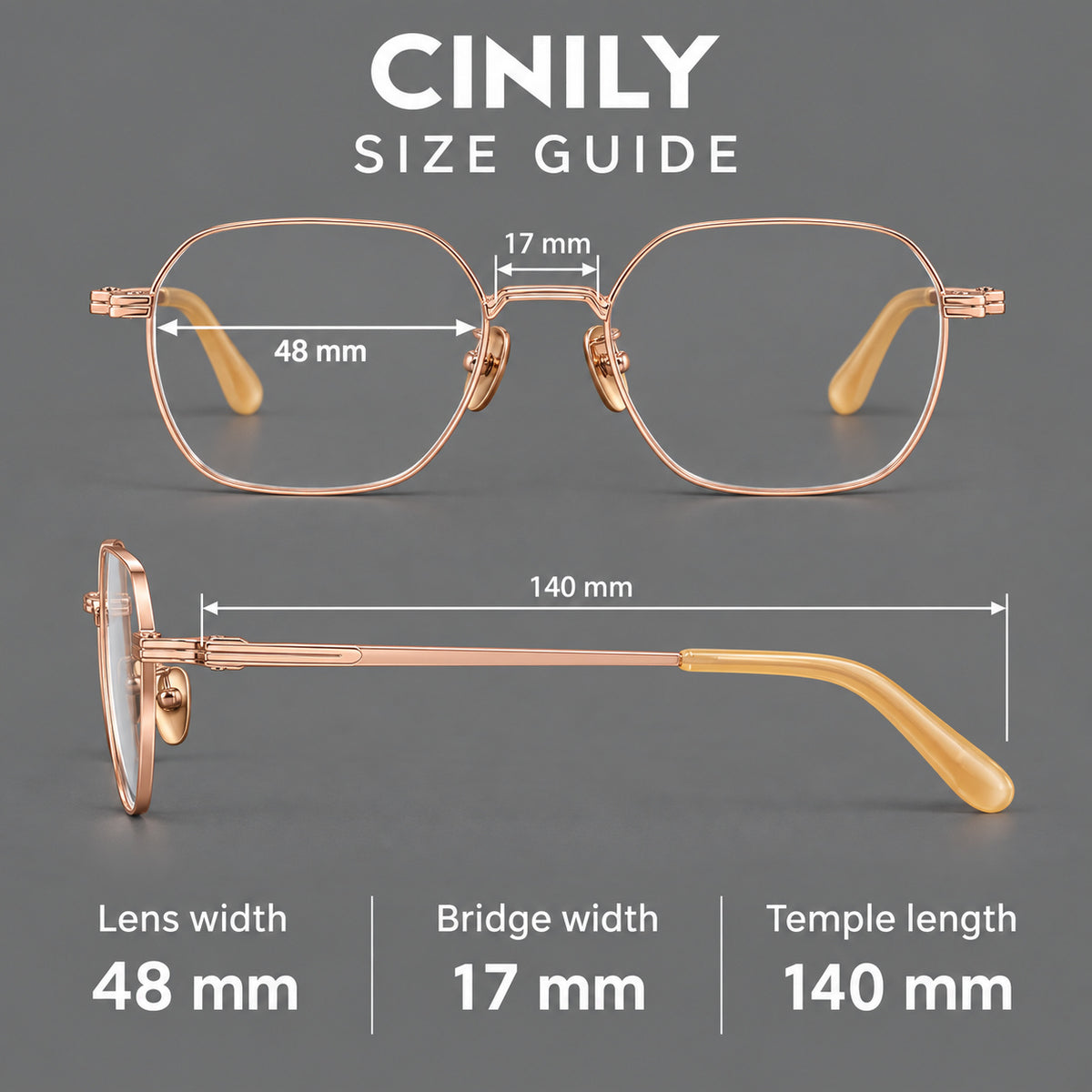 Soft square titanium glasses with an angular bridge and layered corner details, size guide in millimetres