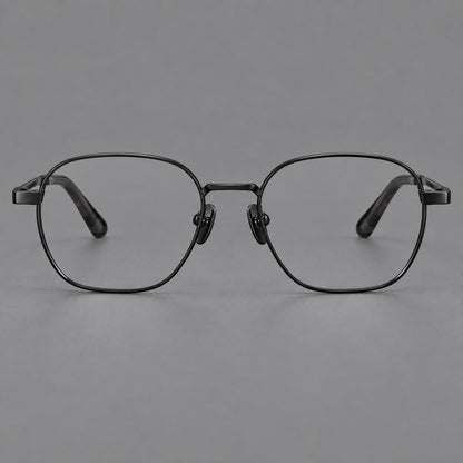 Rounded panto titanium glasses with an angular bridge and broad flat temples in Black, front view side view