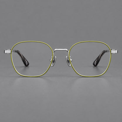 Rounded panto titanium glasses with an angular bridge and broad flat temples in Green and Silver, front view temple detail