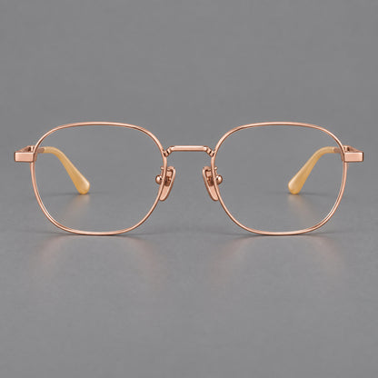 Rounded panto titanium glasses with an angular bridge and broad flat temples in Rose Gold, front view additional product view