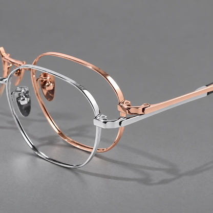 Rounded panto titanium glasses with an angular bridge and broad flat temples, frame details additional product view