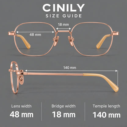 Rounded panto titanium glasses with an angular bridge and broad flat temples, size guide in millimetres additional product view