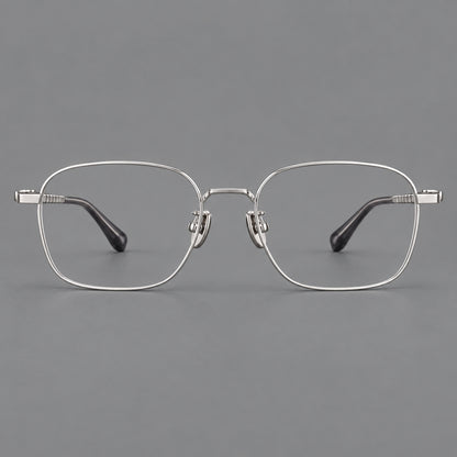 Soft square titanium glasses with a raised bridge and engraved temple bands in Silver, front view additional product view