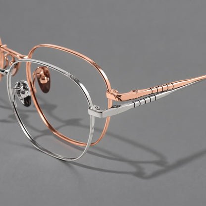 Soft square titanium glasses with a raised bridge and engraved temple bands, frame details additional product view