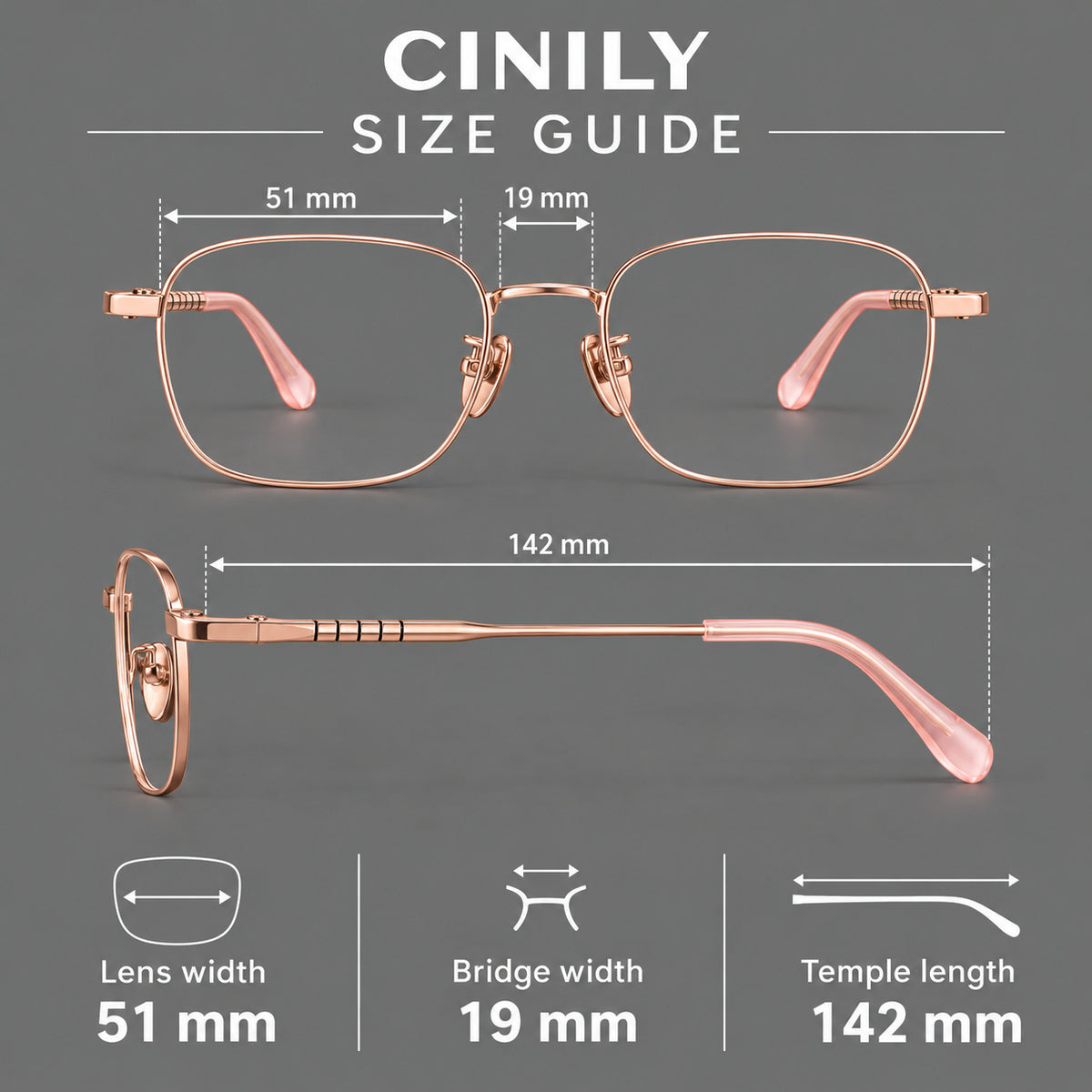 Soft square titanium glasses with a raised bridge and engraved temple bands, size guide in millimetres