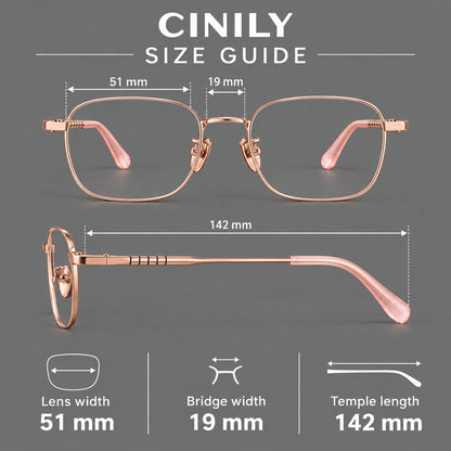 Soft square titanium glasses with a raised bridge and engraved temple bands, size guide in millimetres additional product view