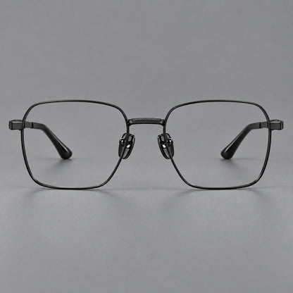 Geometric square titanium glasses with a textured bridge and fine temple grooves in Black, front view side view