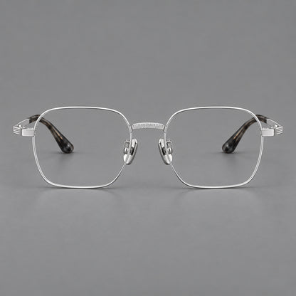 Geometric square titanium glasses with a textured bridge and fine temple grooves in Silver, front view additional product view
